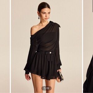 Commense Black One-Shoulder Dress with Belted Waist